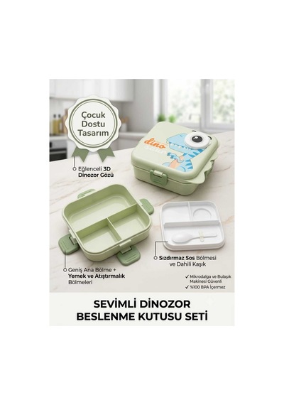 Beslenme Kutusu 3 Bölmeli Kilitli Kapak Dinazor Figürlü Plastik .