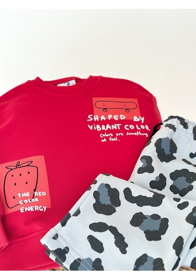 Magu Çocuk Baskılı Kırmızı Sweatshirt Ve Eşofman Takımı Çok Renkli