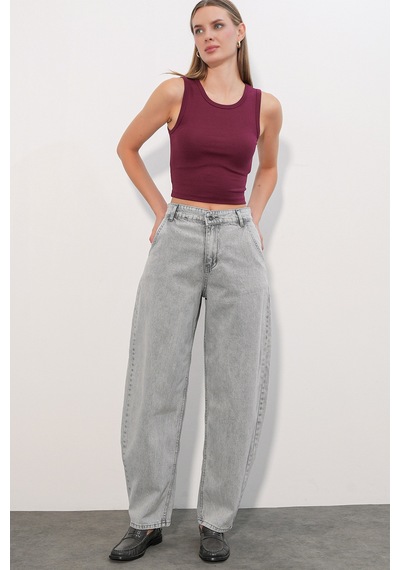 Bigdart 6689 Kadın Yüksek Bel Baggy Kot Pantolon - Gri