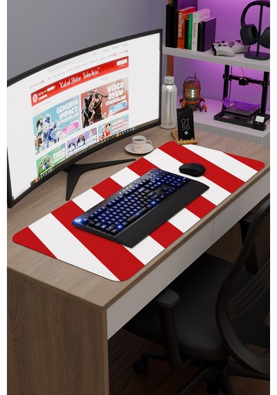 Kırmızı Beyaz 90x40 Xxl Taraftar Gaming Oyuncu Mouse Pad Kaymaz Taban Büyük Fare Altlığı Şerit
