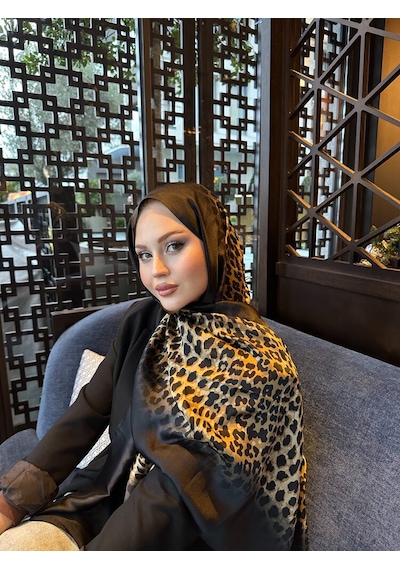 Miorel Scarfs Leopar Desen Vual İpek Şal Fular Silk Scarfs Shawl Hijab Siyah