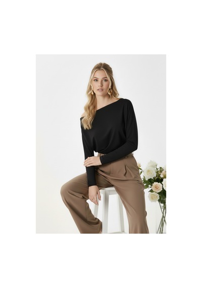 Fiolin Kadın Elegant Asimetrik Omuz Detaylı Bluz siyah