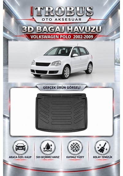 Volkswagen Polo 2002-2009 Araca Özel Karbon Desenli 3d Paspas Bagaj Havuzu Set Siyah