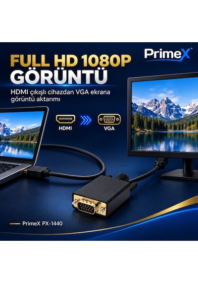 Primex Px-1440 1.8 Metre Hdmı To Vga Görüntü Kablosu, Hdmı Çıkıştan Vga Monitör Projeksiyona Dönüştürücü, Pc Laptop Ps5 Xbox Uyumlu, Full Hd, Tek Yönlü