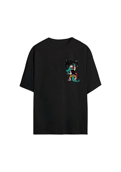 Thewert Unisex Timsah Grafiti Baskılı Siyah Oversize Tshirt