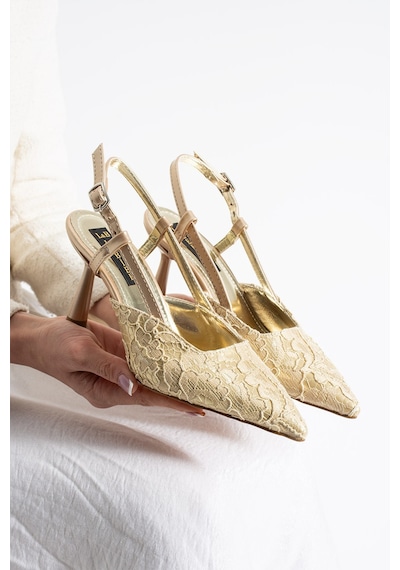 Lebibe Shoes Lısa Kadıngold Sivri Burun 7 Cm Topuklu Çiçek Dantel Desenli Rugan Slingback Ayakkabı Gold