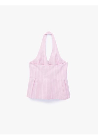 Koton Keten Karışımlı Sırt Dekolteli Çizgili Pileli Peplum Halter Yaka Yelek Pınk Strıpe 6sak20074pw Pembe Çizgili
