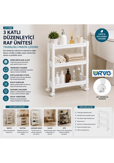 Urve Ur-3586 Rafty 3 Katlı Tekerlekli Sepet Organizer Raf Ünitesi 465x145x480 Mm Diğer