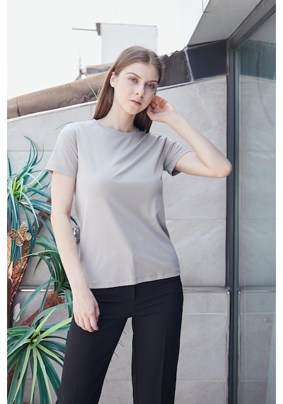 Jument Kadın Sıfır Yaka Kırışmaz Span Karışımlı Şık Kısa Kol Likralı T-shirt Bluz-gri Gri