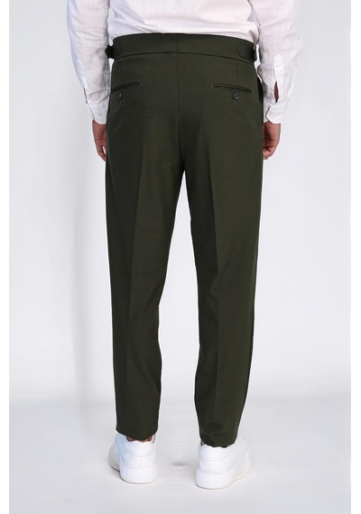 Haki Çift Pileli Tokalı Yüksek Bel Slim Fit Pantolon Wessi Yeşil