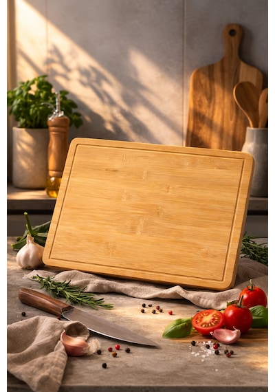 Major - Geniş Yüzeyli Doğal Bambu Kesme Tahtası Oluklu Et Sebze Doğrama Panosu Büyük Boy 50 X 38 Cm Bambu