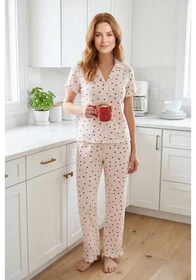 Cottonhill Krem Kalp Desenli Bürümcük Gömlek Yaka Kadın Pijama Takımı