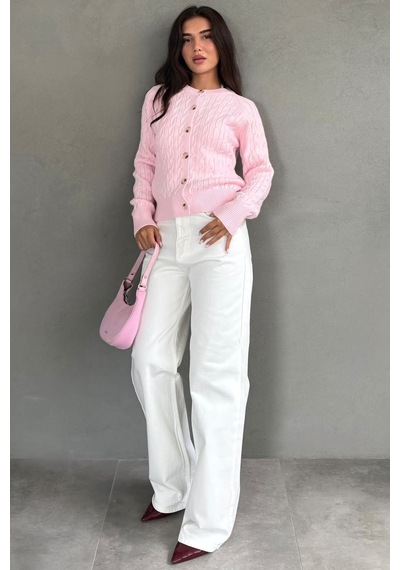 Madmext Pembe Bisiklet Yaka Örgü Desenli Kadın Hırka Mg2899