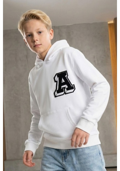 Breeze Erkek Çocuk Sweatshirt A Harfi Yazı Nakış Armalı 9-14 Yaş, Beyaz Beyaz