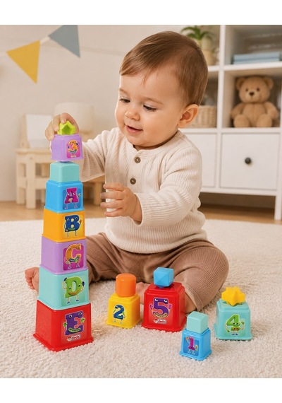 Dede Baby Kare Kule Bultak Oyuncağı 10 Parça Harf Ve Rakam Eğitici Kule 12 Ay+