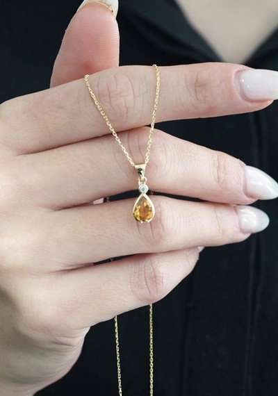 Damla Citrine Tektaş Kolye Sarı