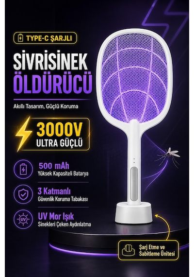 7/24 Şarjlı Elektrikli Sinek Raketi Standlı Sivrisinek Haşere Öldürücü Sineklik Haşere Aleti Z103