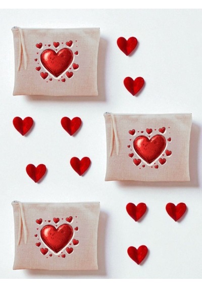 Kalp Ve Kalpler Baskılı 3'lü Makyaj Çantası 20x25 Cm - Kadın Doğum Günü Hediyesi Kadın Hediye Ürün