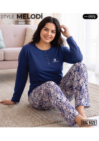 Melodi 17172 Uzun Kol %100 Pamuk Battal Büyük Beden Kadın Pijama Takımı Mavi