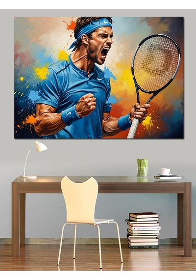 Tenis Maçında Hırslı Erkek Oyuncu Dekoratif Kanvas - Mdf Ahşap Tablo