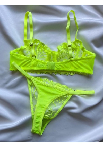 Arona Neon Yeşil Dantelli İç Çamaşırı Takımı Dantelli Sütyen Tanga Set Yeşil