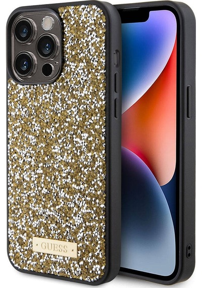 Apple Uyumlu iPhone 15 Pro Max Kılıf Guess Lisanslı Taşlı Arka Yüzey Metal Yazı Logolu Kapak Siyah
