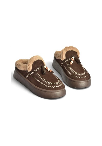 Fox Shoes Z357171661 Kahverengi Süet Hakiki Deri Kürklü Kadın Makosen Terlik