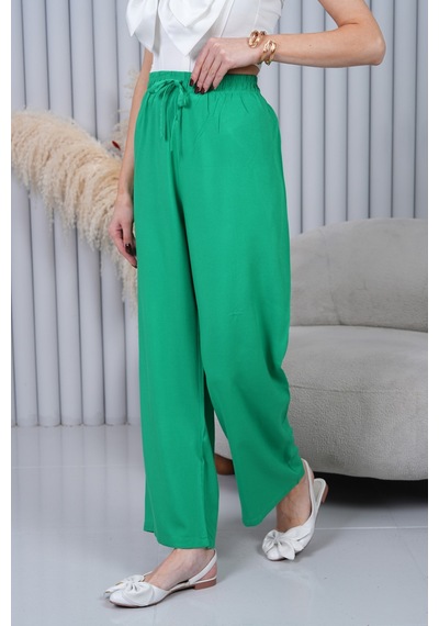Polologin Butik Beli Bağcıklı Yüksek Bel Bol Paça Yeşil Pantolon Çok Renkli