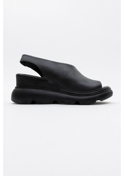 Luvishoes Agusto Siyah Cilt Hakiki Deri Kadın Dolgu Topuk Sandalet Siyah Deri
