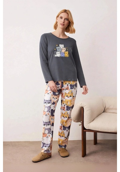 Benerly Kadın Bisiklet Yaka Standart Kol Regular Kalıp Pijama Takımı Kali Antrasit