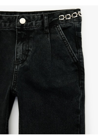 Koton Pamuklu Zincir Detaylı Geniş Paça Denim Pantolon Siyah 7wkg40018ad