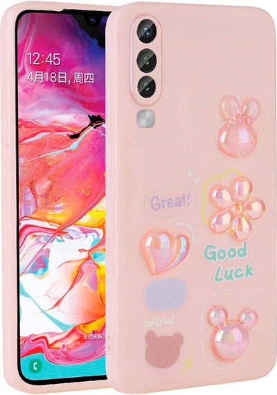 Galaxy A70 Kılıf Kabartma Figürlü Parlak Zore Toys Silikon Kapak Pembe