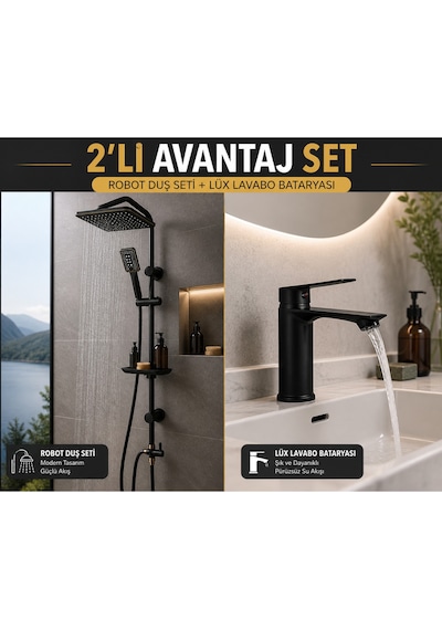 Lüx Siyah Tepe Yağmurlama Robot Duş Seti Siyah Lavabo Bataryası 2'li Avantaj Set Modern Tasarım Set