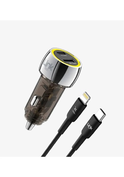Linktech C438 Şeffaf 55w Çift Pd 30w Ve Qc 25w Süper Hızlı Araç Şarj Cihazı, Type-c Lightning Kablolu