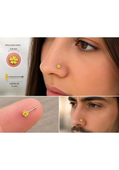 925 Ayar Gümüş Burun Hızması Turuncu Çiçek Desenli Minimal Nose Stud Kadın Erkek Unisex 8 Mm Gri