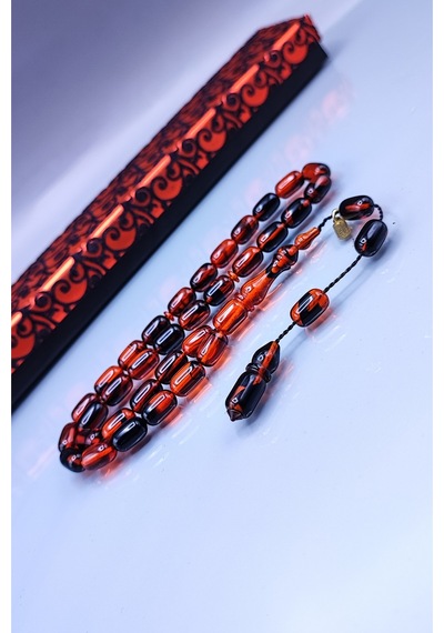 7 x 11 MM Kapsül Mustafa Uysal İmzalı Turuncu Siyah Ateşi Kehribar Tesbih