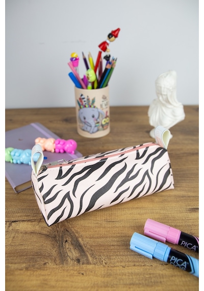 Kalem Kutusu Pastel Renk Zebra Pembe-siyah Vegan Deri Kalemlik V