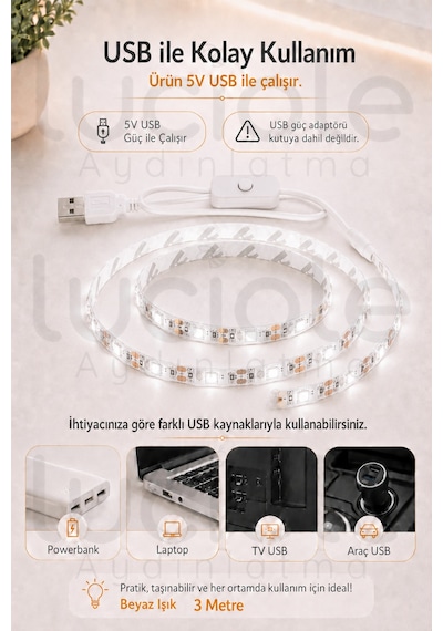 3 Metre Beyaz Usb Şerit Led 5v Aç Kapa Anahtarlı Mutfak Tv Masa Raf Powerbank Kamp Led Işık
