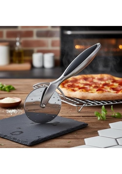 Paslanmaz Çelik Pizza Dilimleyici Ve Kesici - Ergonomik Saplı Profesyonel Hamur Kesme Bıçağı - Parmak Koruyuculu Keskin Döner Bıçak