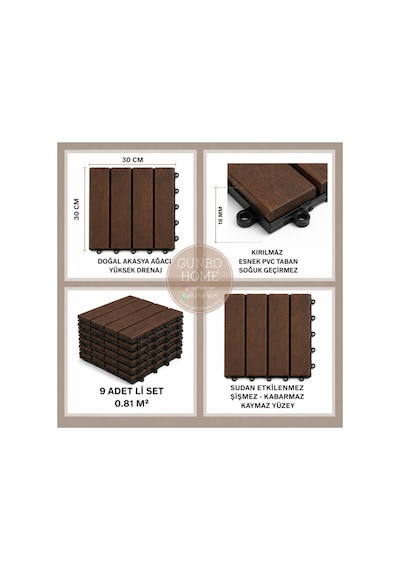 Quado Akasya Ahşap Yer Karosu 30x30x2,25 Cm 4 Dilimli Geçmeli Deck Karo Balkon, Teras, Bahçe Ve Duş
