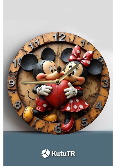 Mickey Ve Minnie Temalı Mdf Duvar Saati 33 Cm, 3d Görünümlü, 2d Hd Baskı Sdw232 Renkli