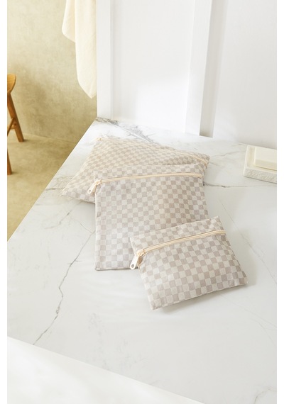 Ocean Home Textile 3'lü Su Geçirmez Pvc Astarlı Gri Dama Desen Islak Kuru Çantası 20 x 13 / 24 x 20 / 30 x 24 cm