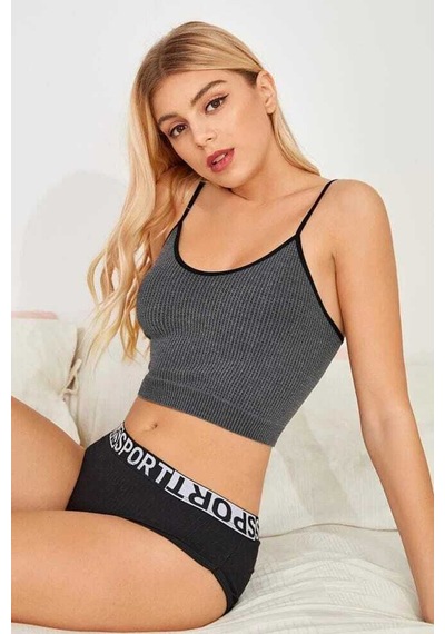 Moda Dua Kadın Anstrasit Gri İp Askılı Crop Top Bluz