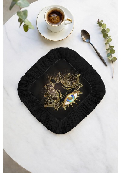 Lotus Meditasyon Saçaklı Sunum Peçetesi - Mistik Göz Harman Bohem Siyah Bardak Altlığı Mendil Çok Renkli