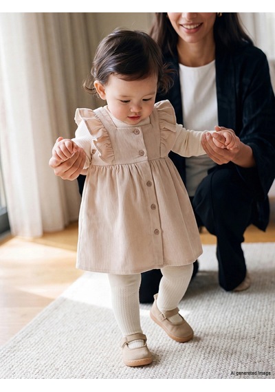 LC Waikiki Lcw Baby Bej Bisiklet Yaka Fırfırlı Kız Bebek Elbise Beıge