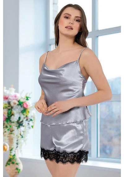 Faal 3101 Kadın Saten Degaje Yaka İp Askılı Şortlu Pijama Takım-gri Gri