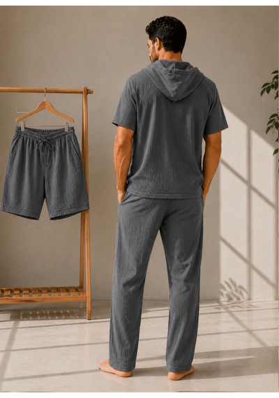 Erkek Müslin Kapşonlu 3'set Gömlek-şort-pantalon Gri
