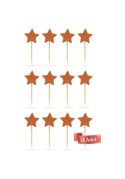 Turuncu-kahverengi Çift Taraflı Yıldız Simli Eva Kürdan Cupcake Toppers Cupcake Çubuğu 12'li