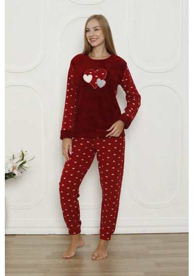 Wordex Fawn 3316 Peluş Welsoft Polar Kışlık Yumoş Kalpli Kadın Pijama Takımı Bordo