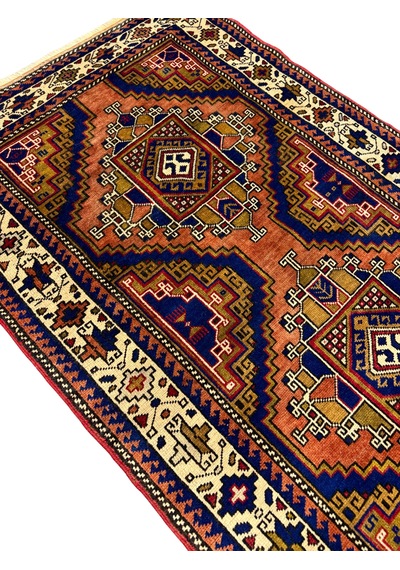 El Dokuma Sıfır Kafkas Halısı 102x160 Kiremit Lacivert Kök Boya Yün Halı Renkli